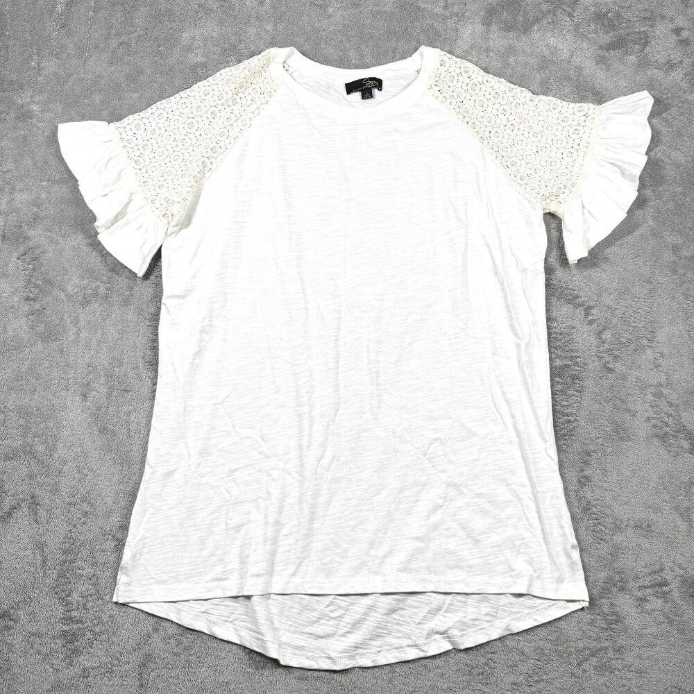 Suzanne Betro Ivory Lace Ruffle L Blouse Lace Ruffle Bell‎ Sleeve Boho